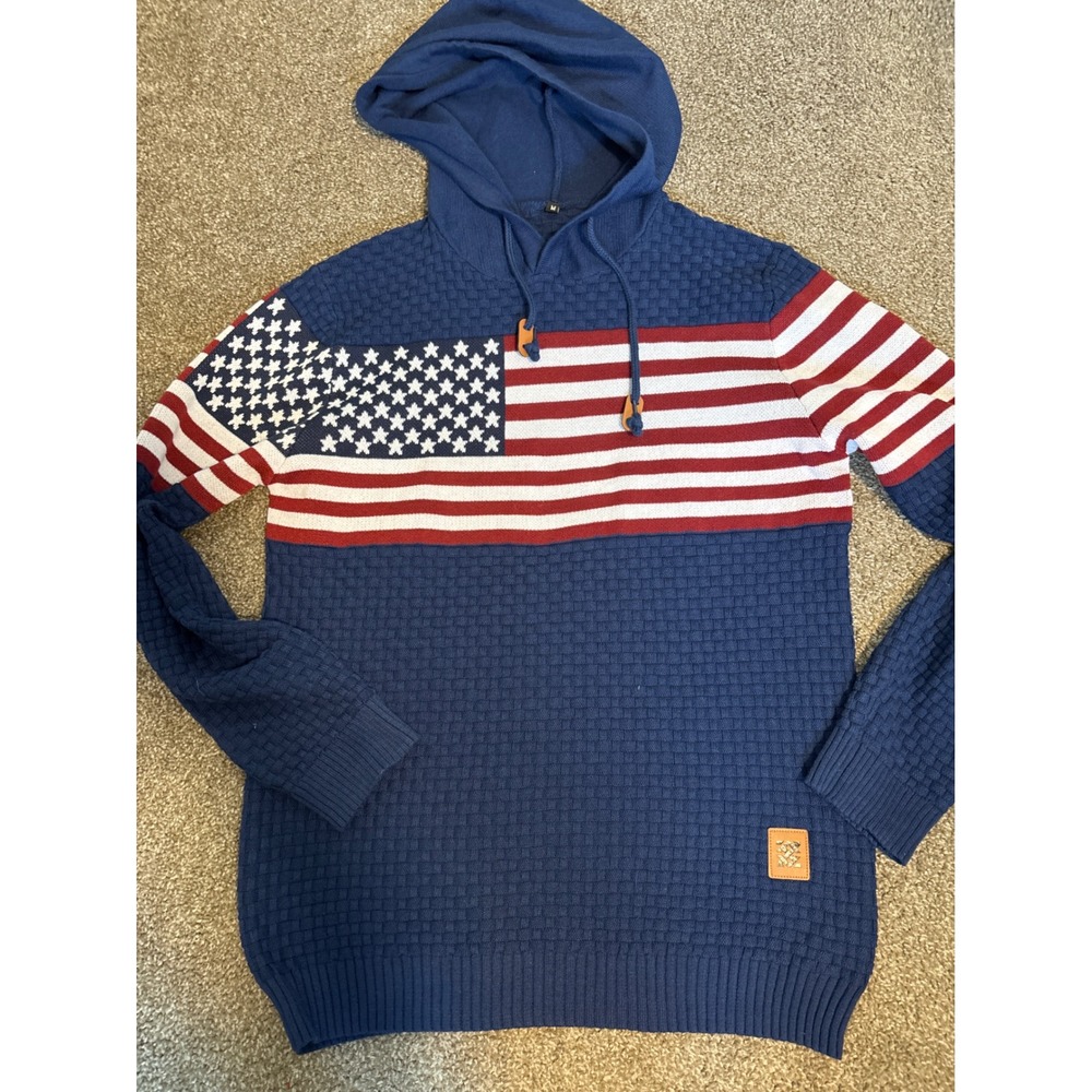 Unbranded American Flag Knit Hoodie Mens M Navy Red White Excellent Waffle Knit